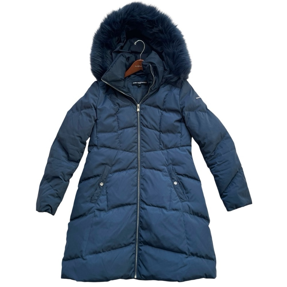 Karl Lagerfeld Faux Fur Collar Navy Blue Puffer Coat